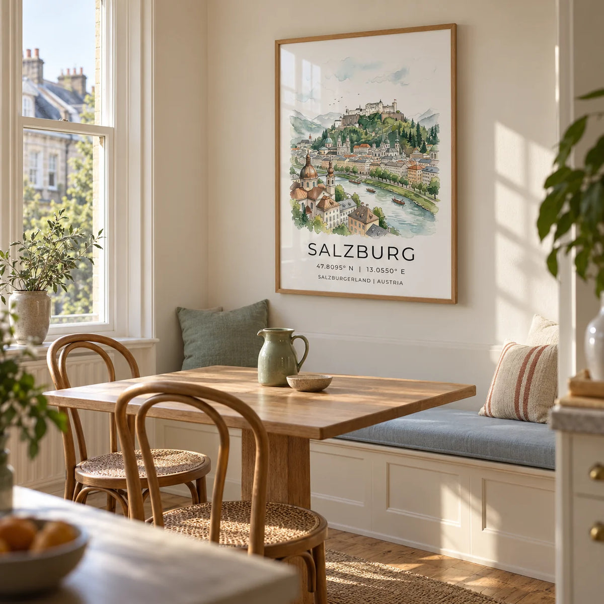 Prague City Wall Art, framed on the wall of a quiet dining corner in a UK bay-window flat with cream walls and a built-in bench