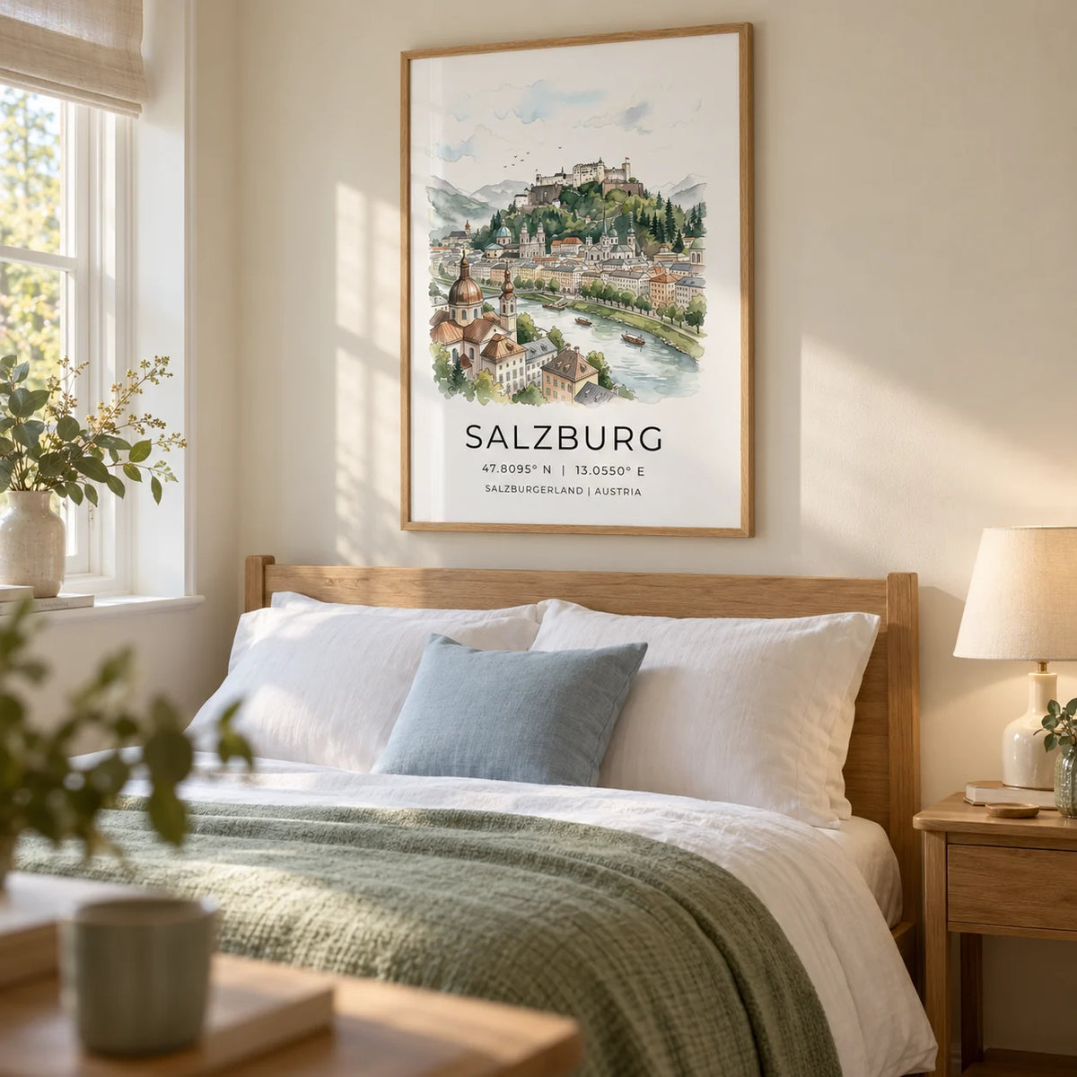 Prague City Wall Art, framed on the wall of a restful guest bedroom in a UK home with soft cream walls and a simple oak double bed