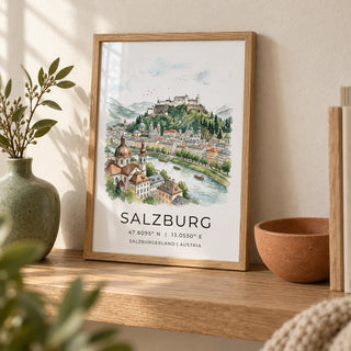 Prague City Wall Art, a small A4 framed print leaning on a pale oak shelf in a living room