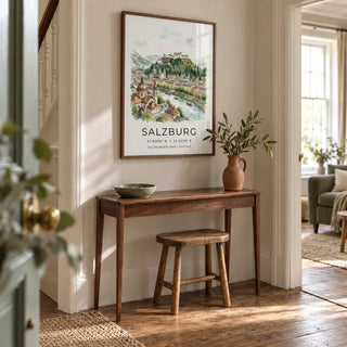 Prague City Wall Art, framed on the wall of a welcoming hallway in a UK period flat with pale stone walls and restored wooden floorboards