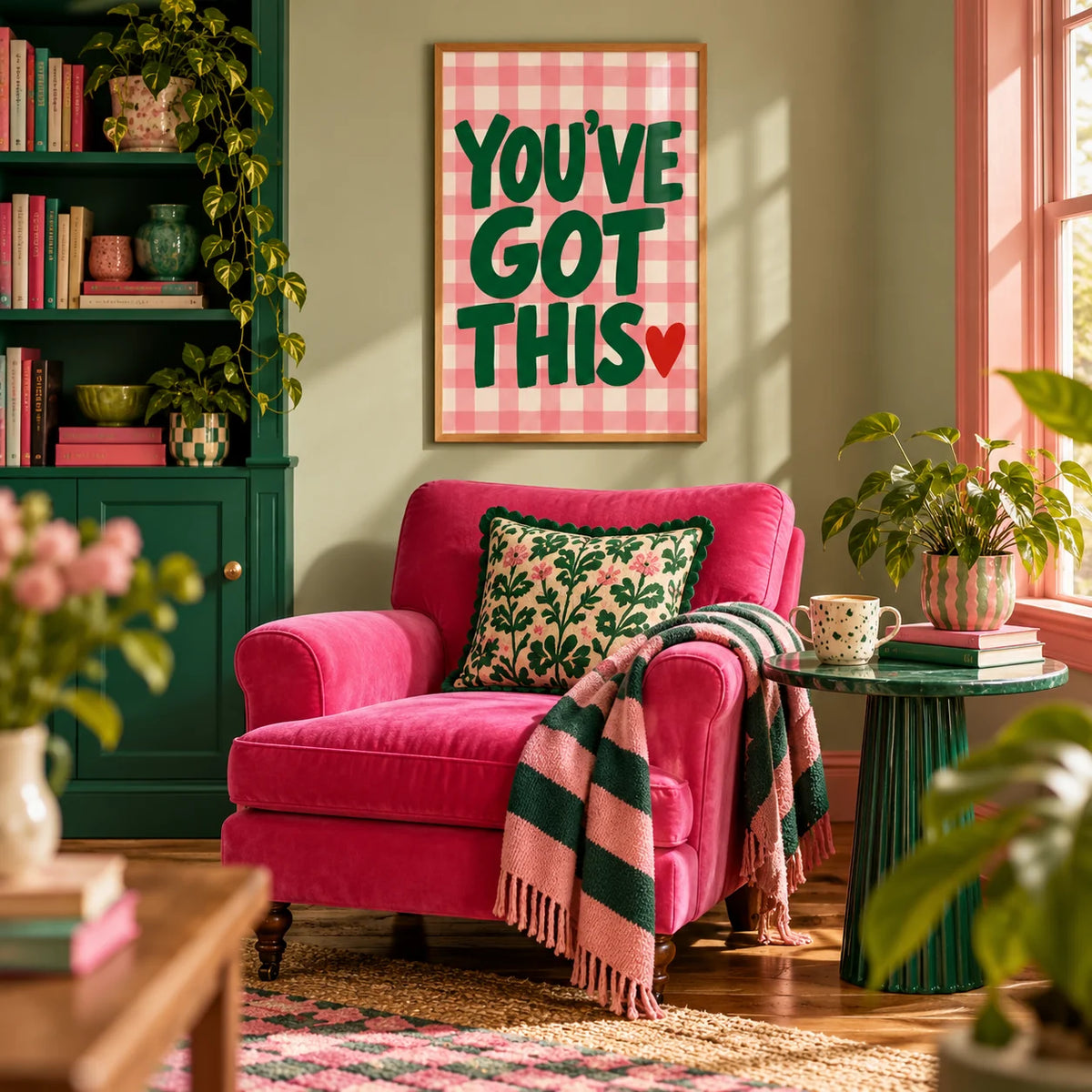Preppy Poster, framed on the wall of a maximalist reading corner in a living room