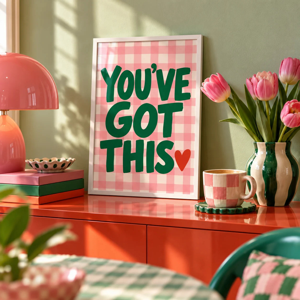 Preppy Poster, a small A4 framed print leaning on a colourful lacquered shelf in a living room
