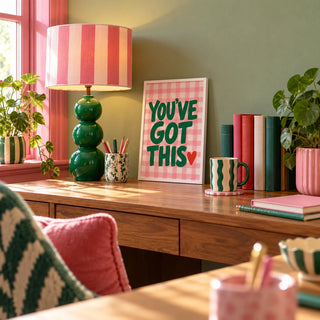 Preppy Poster, a small A4 framed print leaning on a desk
