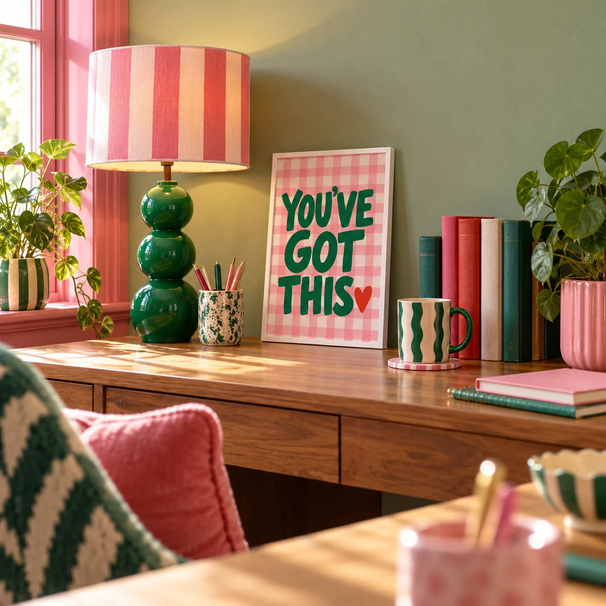Preppy Poster, a small A4 framed print leaning on a desk