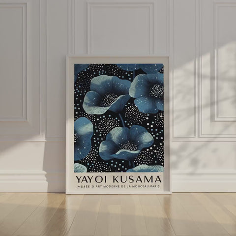 Kusama-inspired blue flowers on a black and white dotted canvas.
