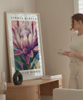 Vintage-inspired Protea Flower Market poster with botanical details
