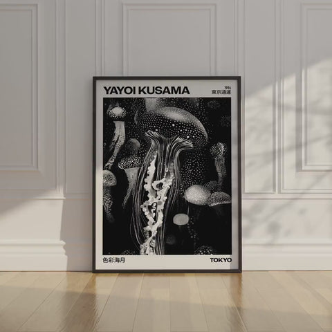 Yayoi Kusama-inspired black and white art print featuring flowing jellyfish forms

