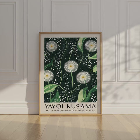 Kusama-inspired dandelion wall art with green tones 1985
