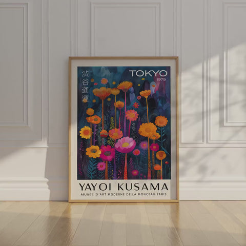 Vibrant Kusama floral art piece for bold decor.
