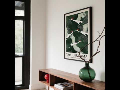 Japandi Wall Art - Crane Birds in Green and White