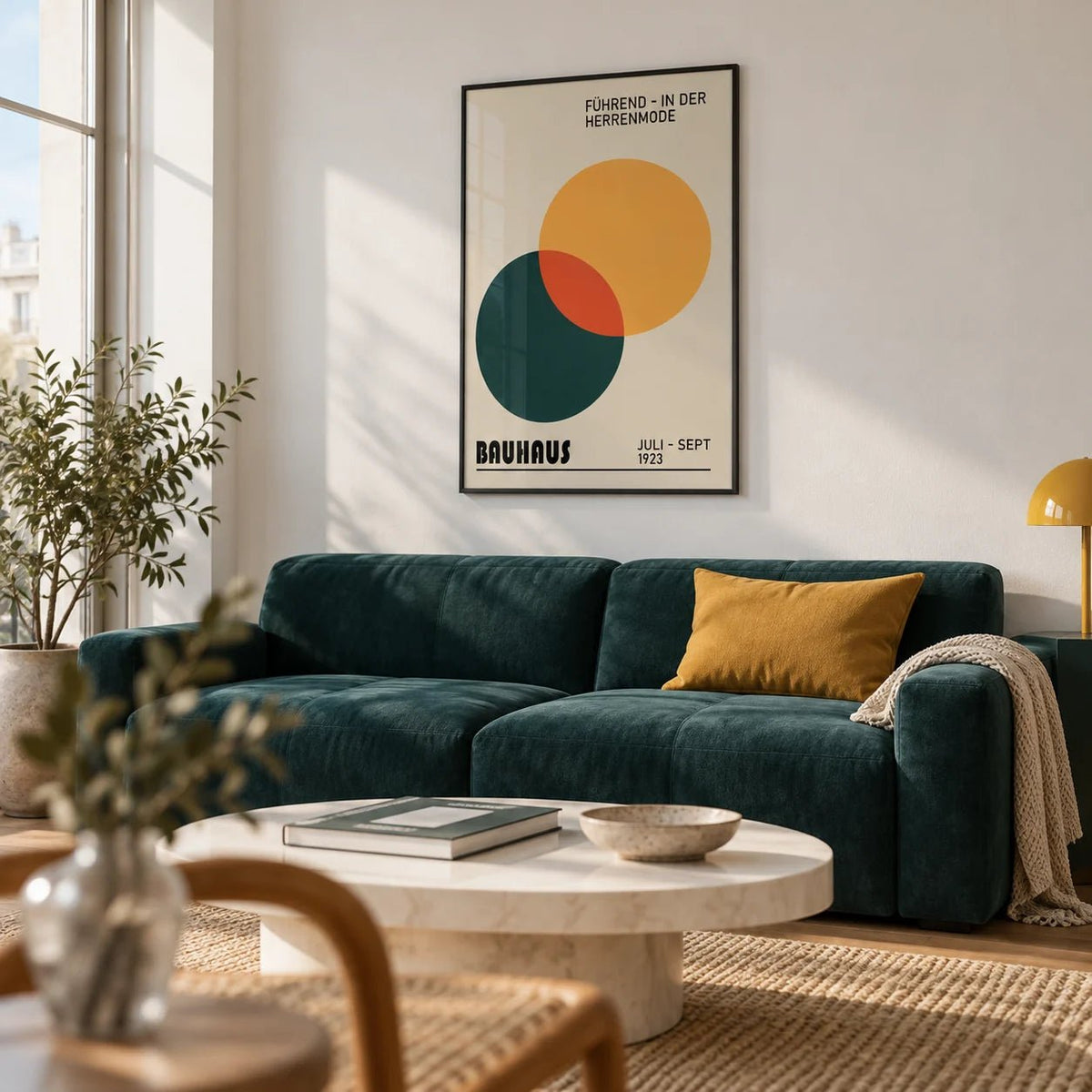 Print Geometric, framed on the wall of a modern city apartment living room