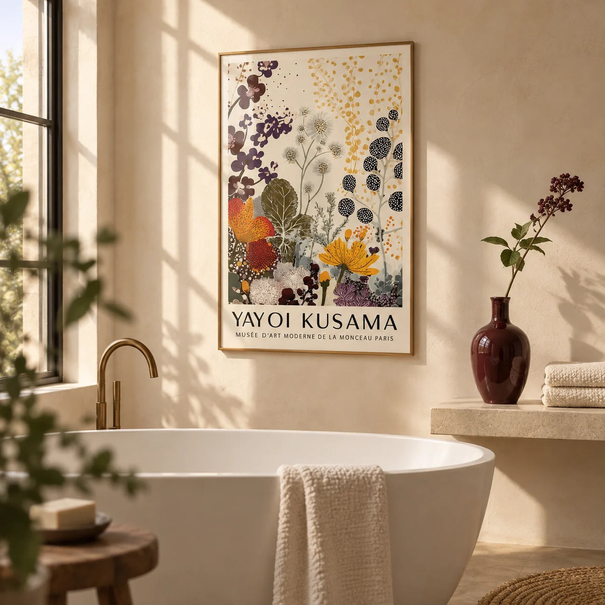Print Yayoi Kusama, framed on the wall of a calm bathroom with warm cream plaster walls and a freestanding white bath