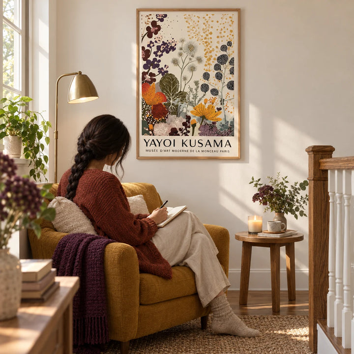 Print Yayoi Kusama, framed on the wall of a reading nook on a landing with a warm white wall in a living room