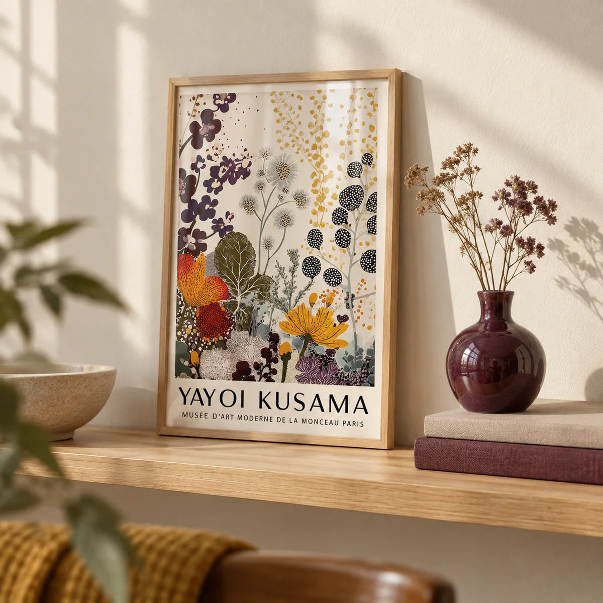Print Yayoi Kusama, a small A4 framed print leaning on an oak shelf in a living room