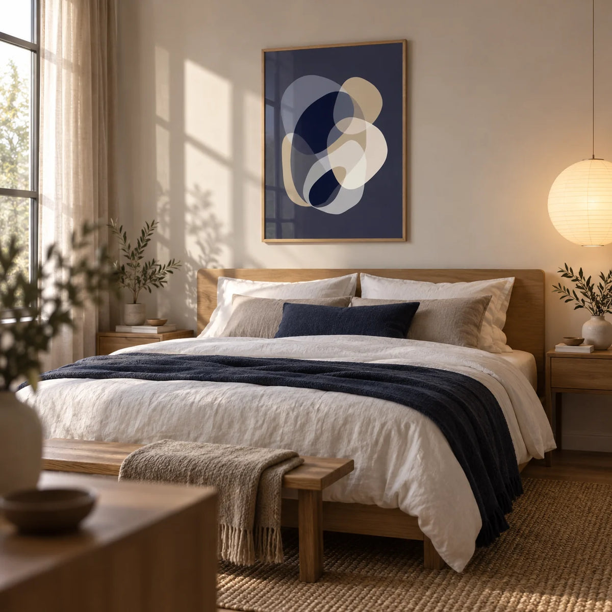 Prints Abstract Art, framed on the wall of a calm bedroom