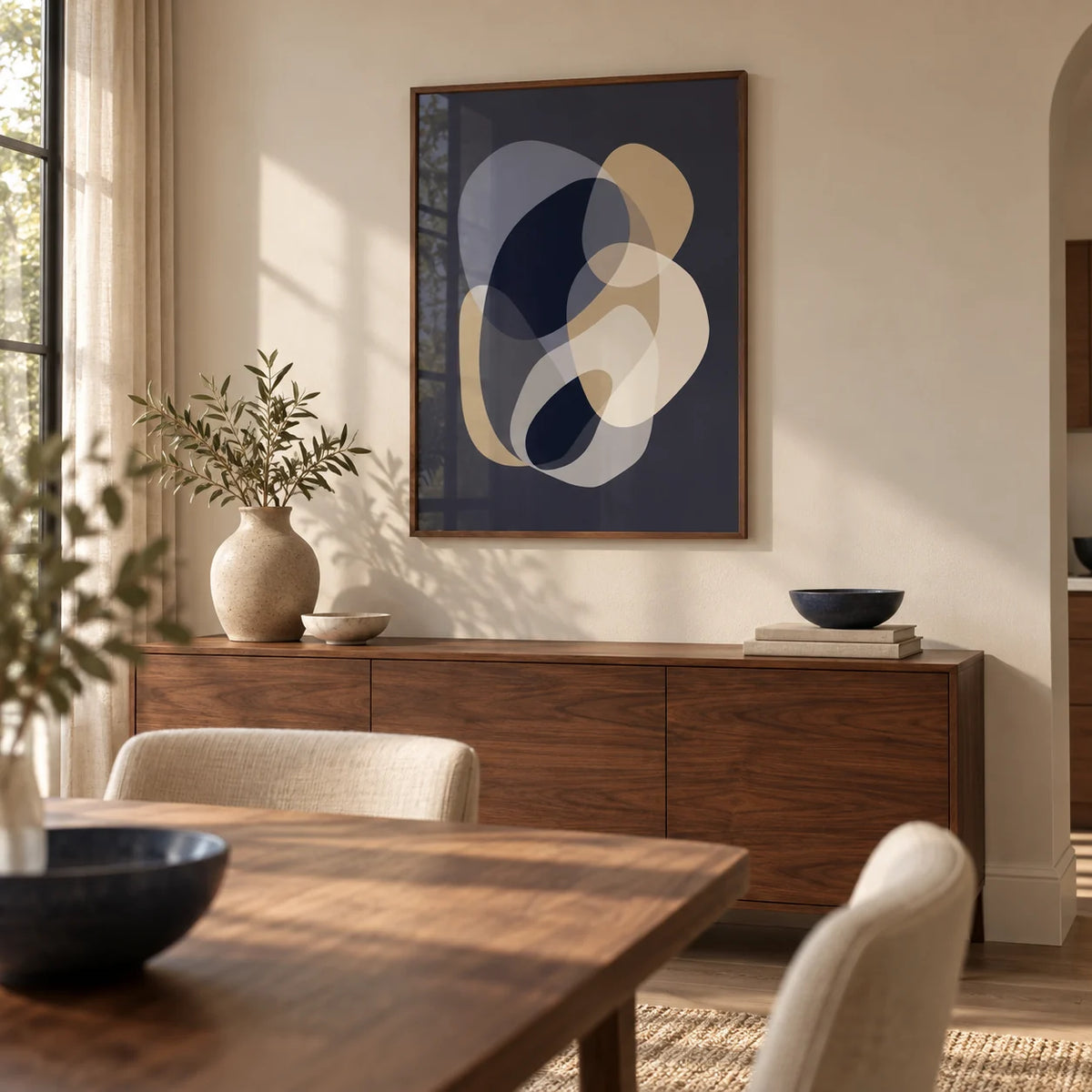 Prints Abstract Art, framed on the wall of a calm dining room