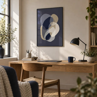 Prints Abstract Art, framed on the wall of a quiet home office