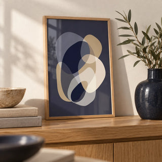 Prints Abstract Art, a small A4 framed print leaning on an oak shelf in a living room