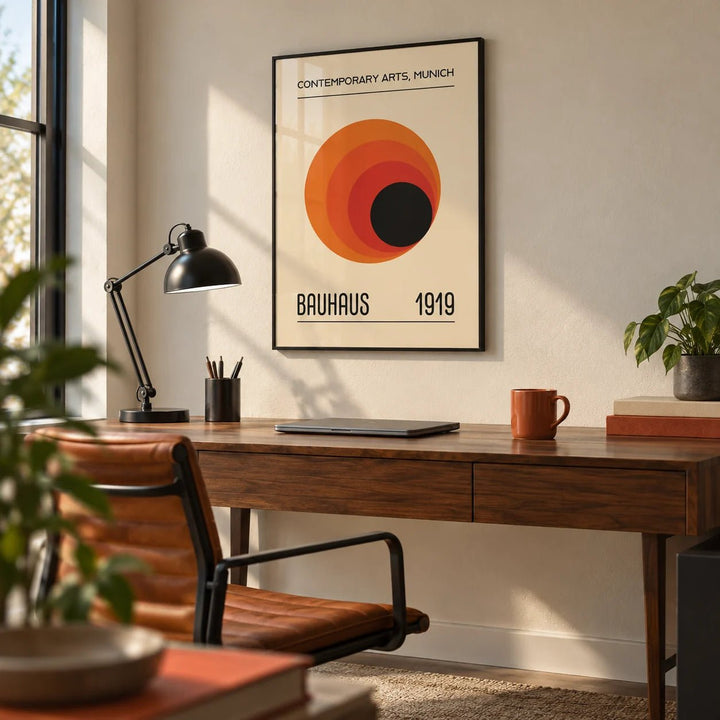 Prints Bauhaus, framed on the wall of a modern home office