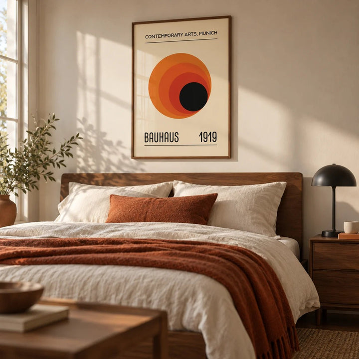 Prints Bauhaus, framed on the wall of a warm modern bedroom