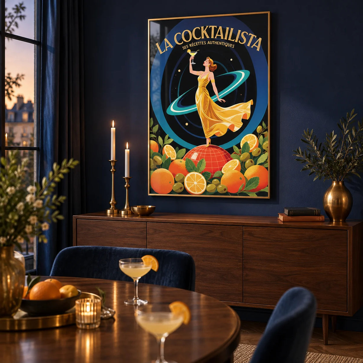 Prints for Bar, framed on the wall of an elegant dining room in the evening with a plain deep navy wall