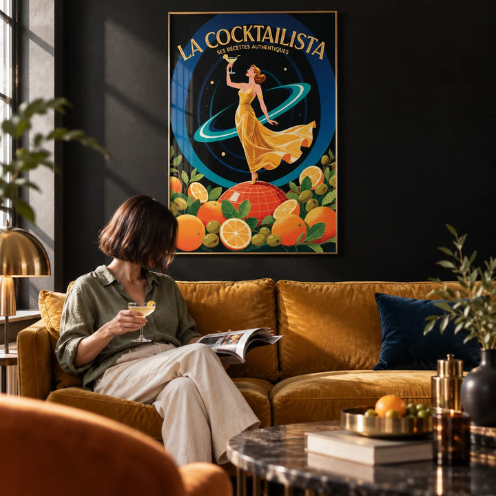 Prints for Bar, framed on the wall of a glamorous living room with a plain black wall