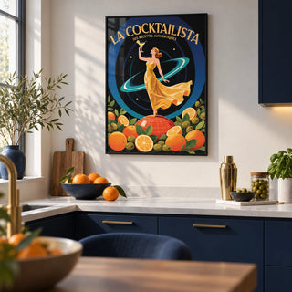 Prints for Bar, framed on the wall of a modern kitchen with plain navy units and a white worktop