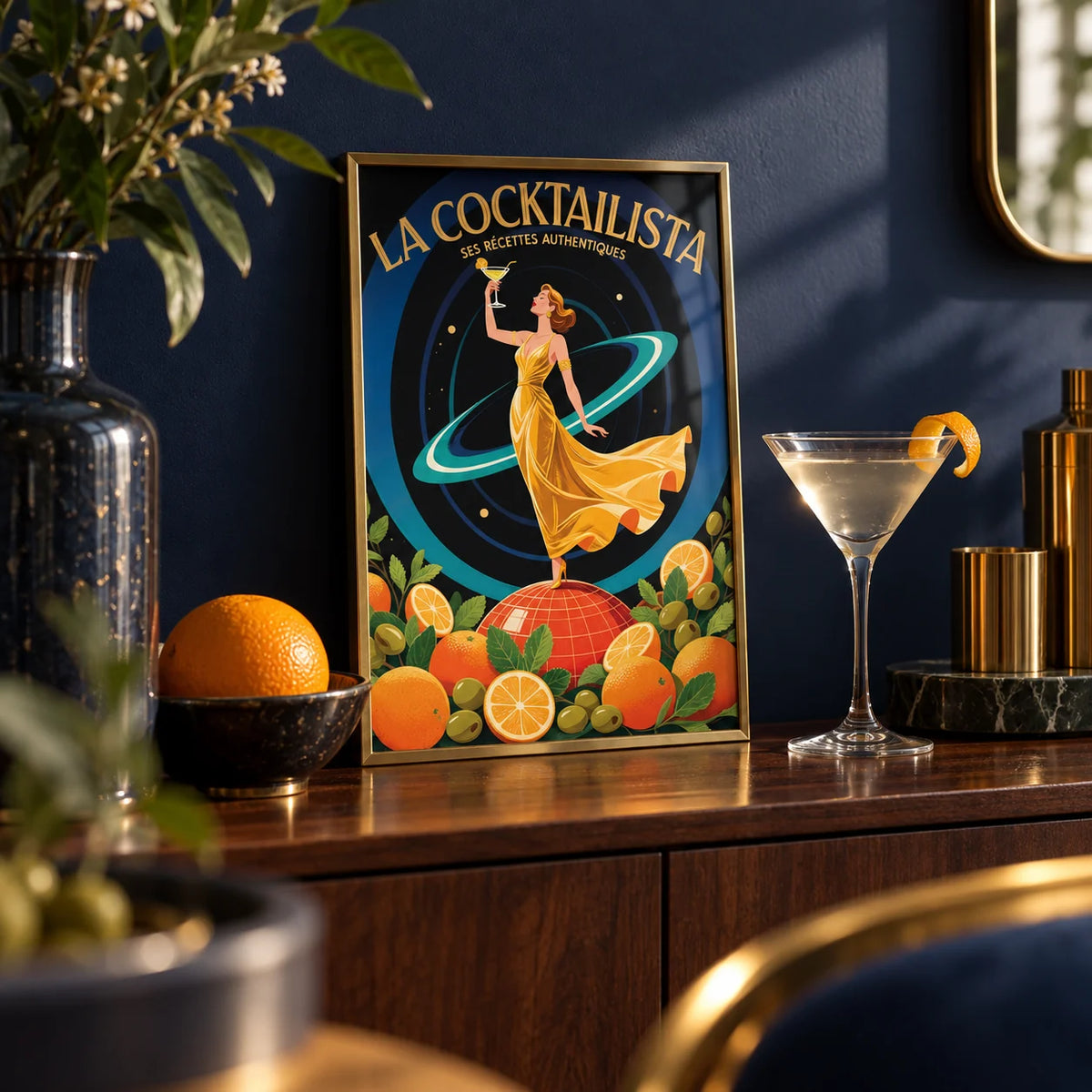 Prints for Bar, a small A4 framed print leaning on a bar shelf in a living room