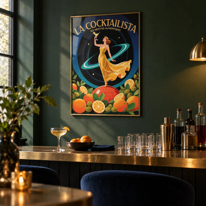 Prints for Bar, framed on the wall of a small modern speakeasy bar with a plain dark green wall in a living room