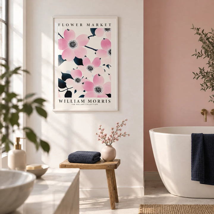 Prints for Bathroom, framed on the wall of a calm bathroom with plain white walls and a soft pink painted wall behind the bath