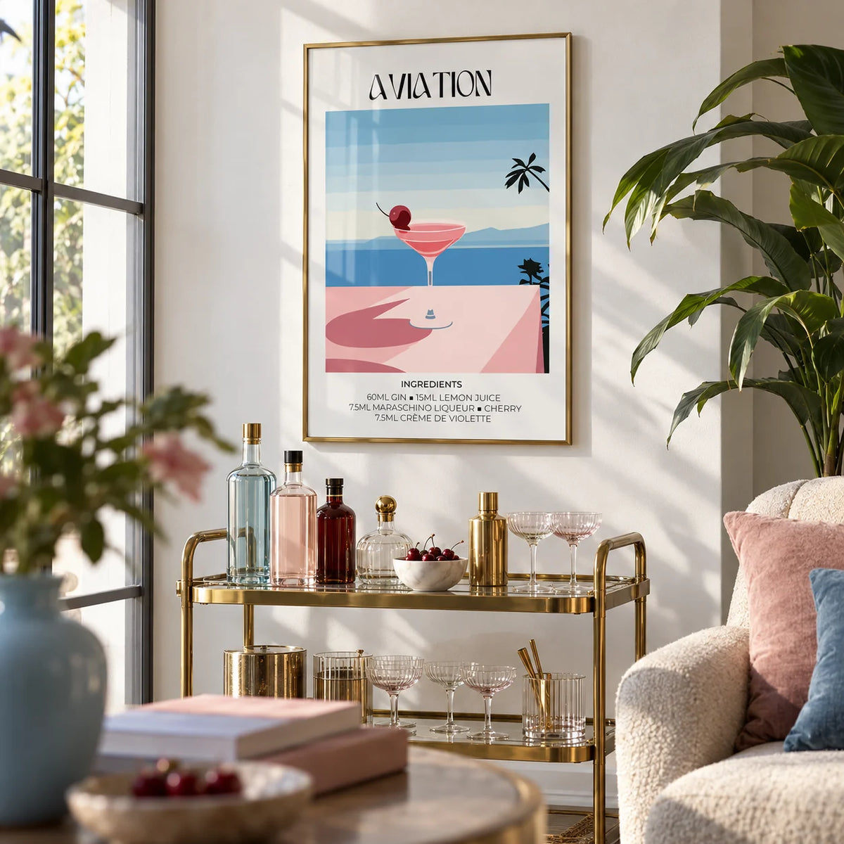 Prints of Cocktails, framed on the wall of a bright living room corner with a white wall