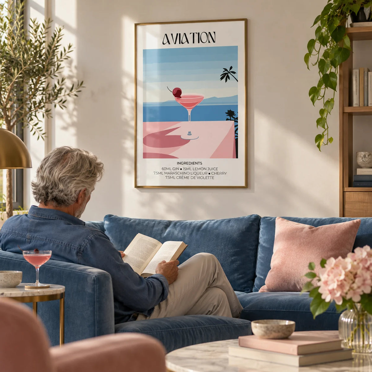 Prints of Cocktails, framed on the wall of a design-led living room with a soft white wall