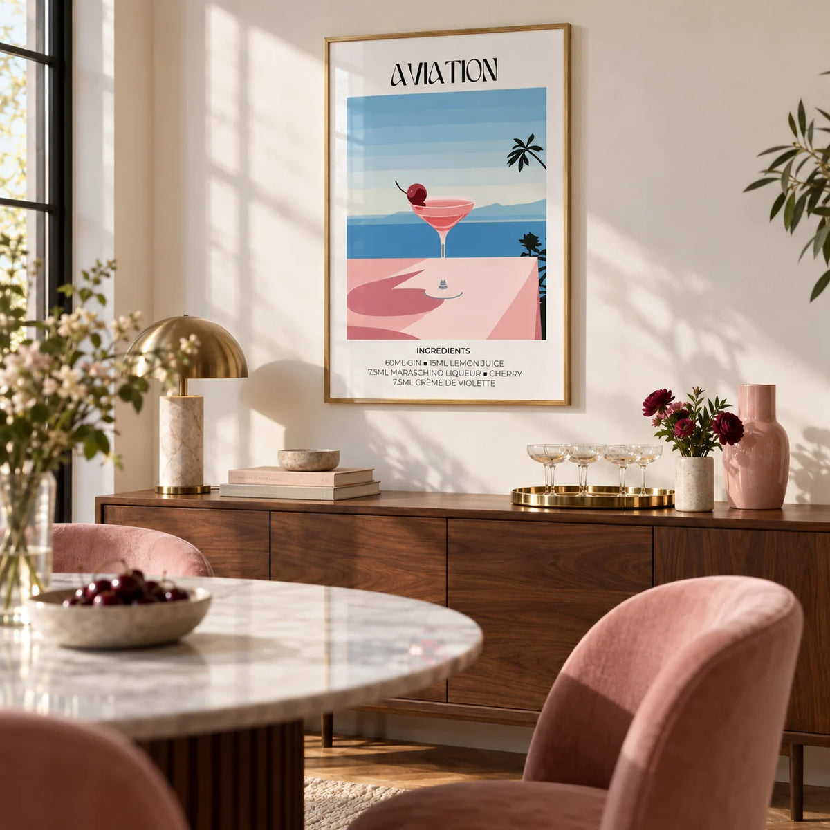 Prints of Cocktails, framed on the wall of an elegant dining room with a warm white wall