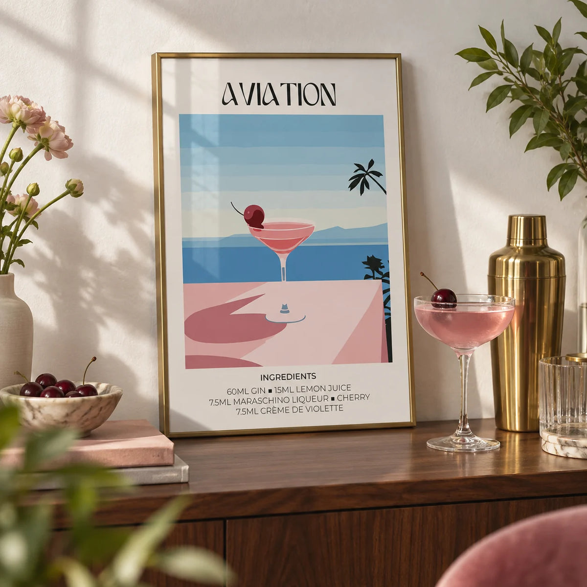Prints of Cocktails, a small A4 framed print leaning on a walnut bar shelf in a living room