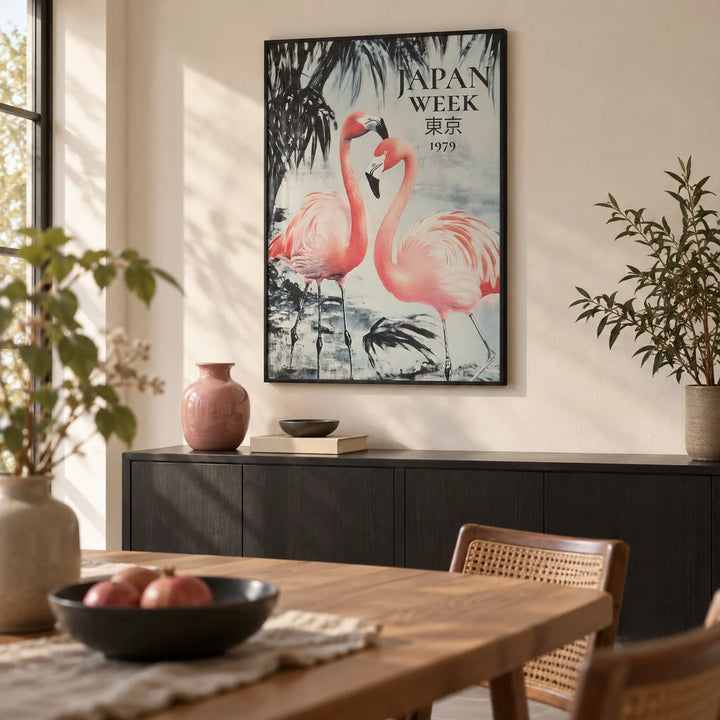 Prints of Flamingos, framed on the wall of a calm dining room with a warm white wall