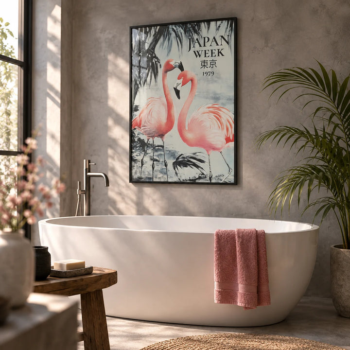 Prints of Flamingos, framed on the wall of a calm modern bathroom with a misty grey plaster wall