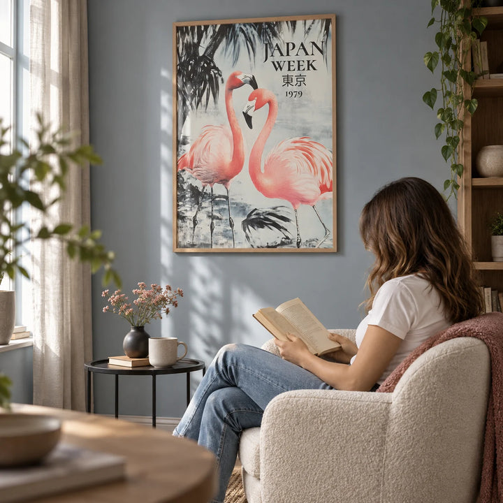Prints of Flamingos, framed on the wall of a reading corner with a soft blue grey wall in a living room