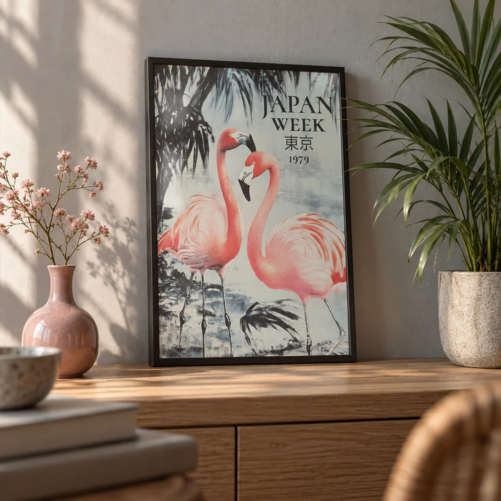 Prints of Flamingos, a small A4 framed print leaning on an oak shelf in a living room