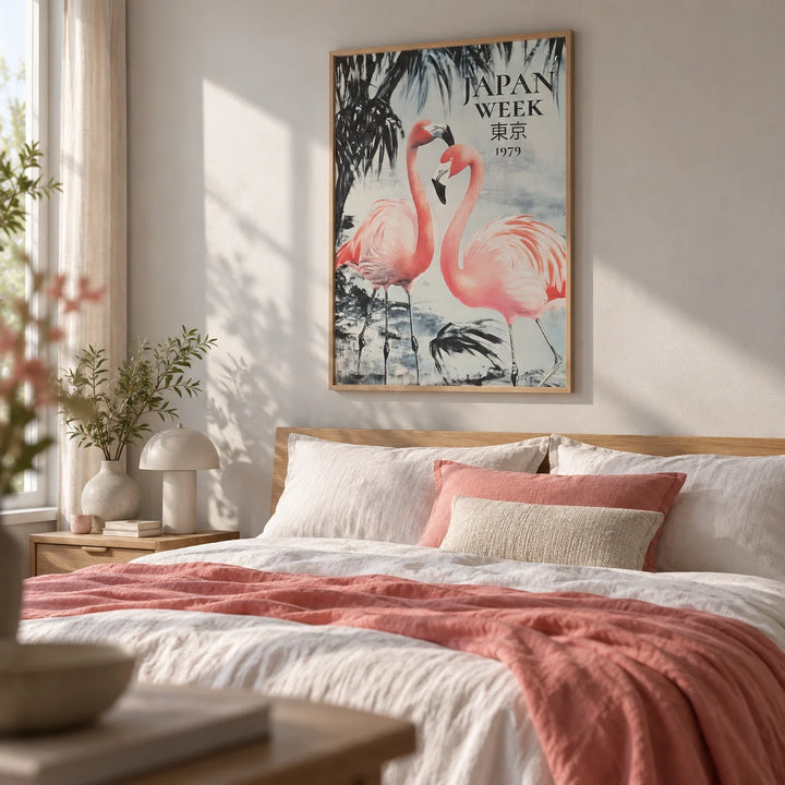 Prints of Flamingos, framed on the wall of a soft bedroom with a pale grey wall