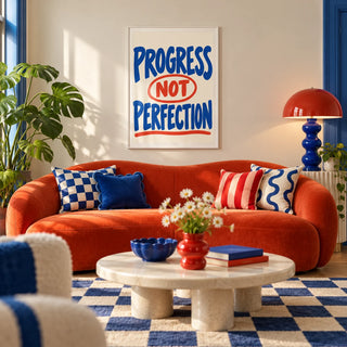 Progress Not Perfection Print, framed on the wall of a colourful dopamine living room