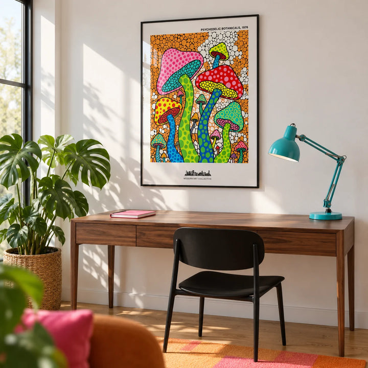 Psychedelic Mushroom Art, framed on the wall of a bright creative home study with a white wall and plain oak floor