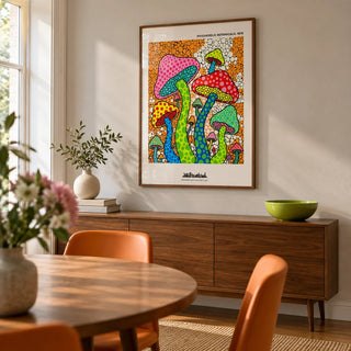 Psychedelic Mushroom Art, framed on the wall of a compact dining room in a design-conscious terraced home with a pale warm grey wall