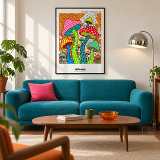 Psychedelic Mushroom Art, framed on the wall of a modern retro living room in a UK first flat (22-28) with warm white walls and a walnut floor