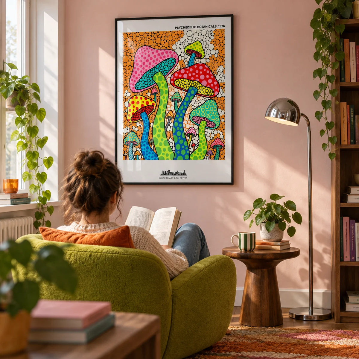 Psychedelic Mushroom Art, framed on the wall of a relaxed reading corner in a young adult's UK flat (25-35) with a pale pink wall in a living room