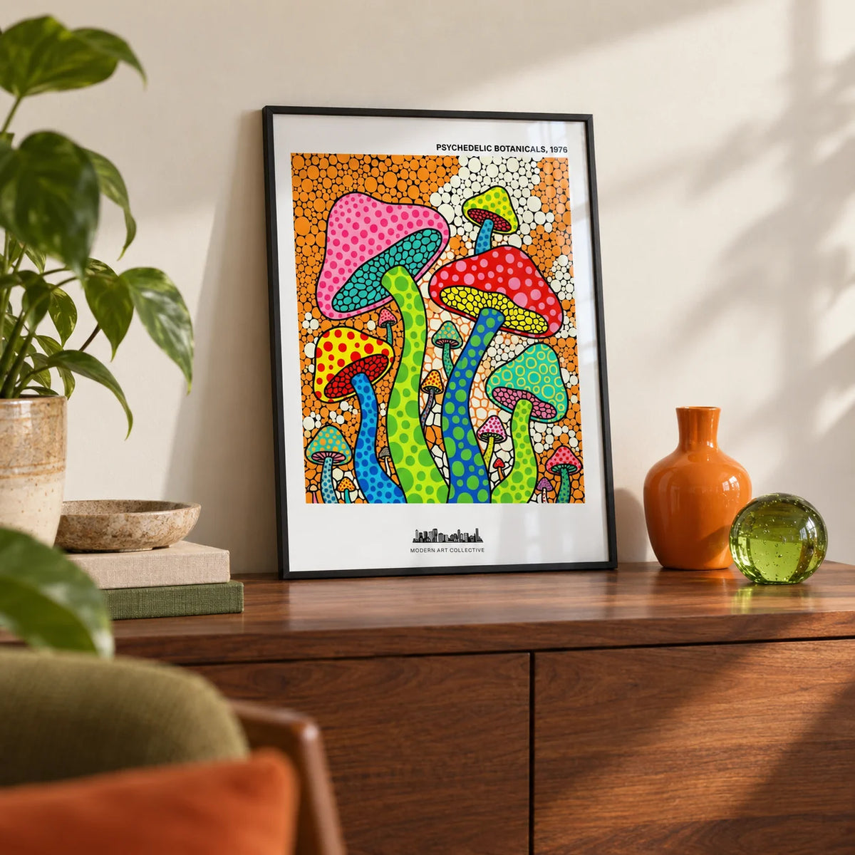 Psychedelic Mushroom Art, a small A4 framed print leaning on a walnut sideboard in a living room