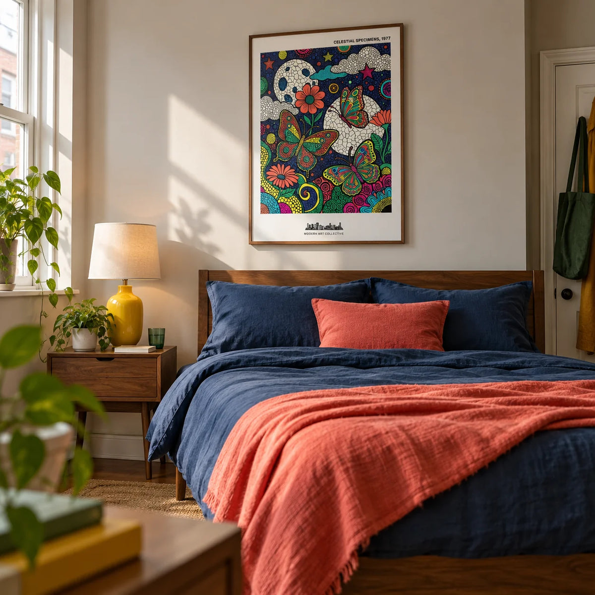 Psychedelic Nature Poster, framed on the wall of a colourful modern bedroom in a UK first flat for an adult aged 22-30