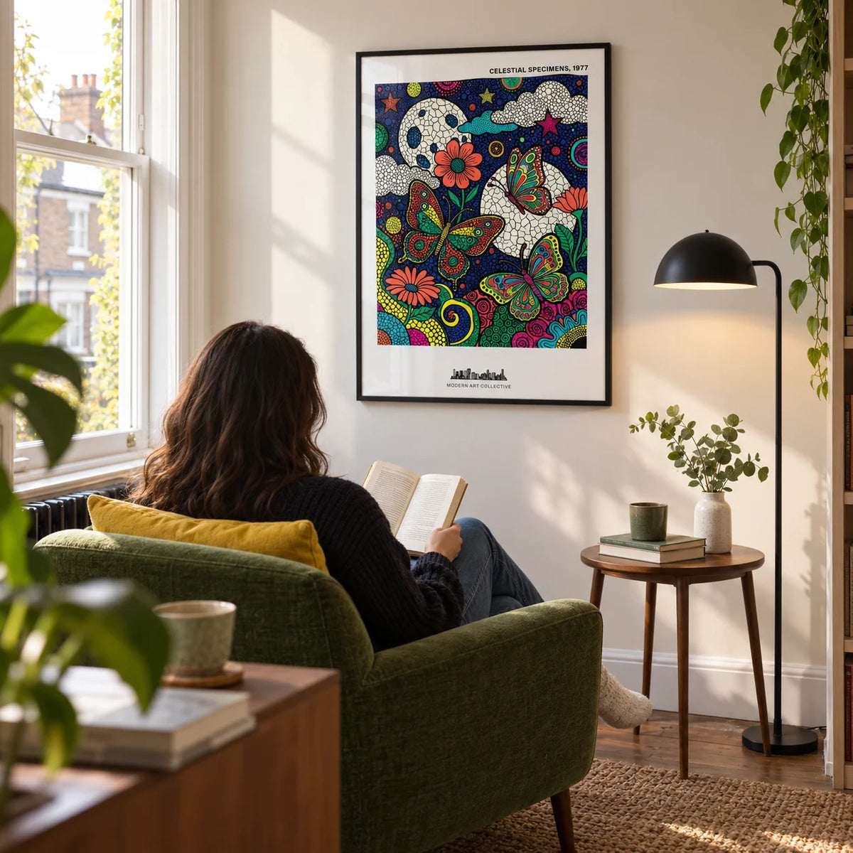 Psychedelic Nature Poster, framed on the wall of a design-led reading corner in a UK terrace with a soft white wall and a tall window in a living room