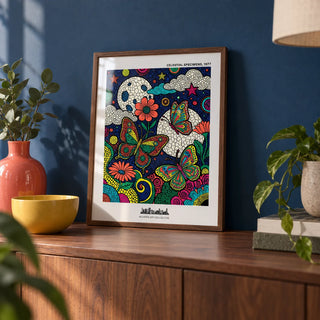 Psychedelic Nature Poster, a small A4 framed print leaning on a walnut sideboard in a living room