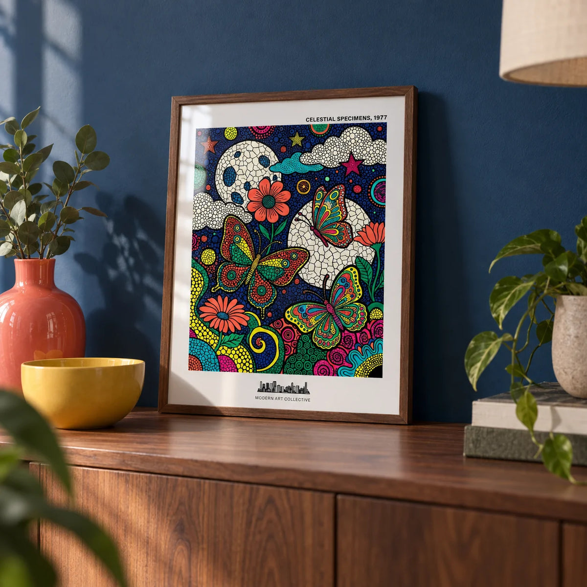 Psychedelic Nature Poster, a small A4 framed print leaning on a walnut sideboard in a living room
