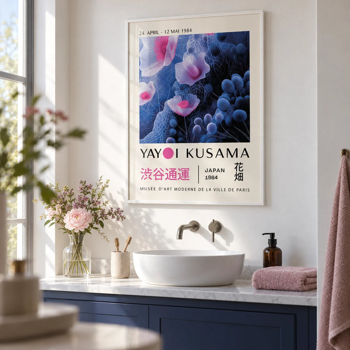 Purple Abstract Wall Art, framed on the wall of a calm bathroom with plain white walls and a plain indigo painted vanity